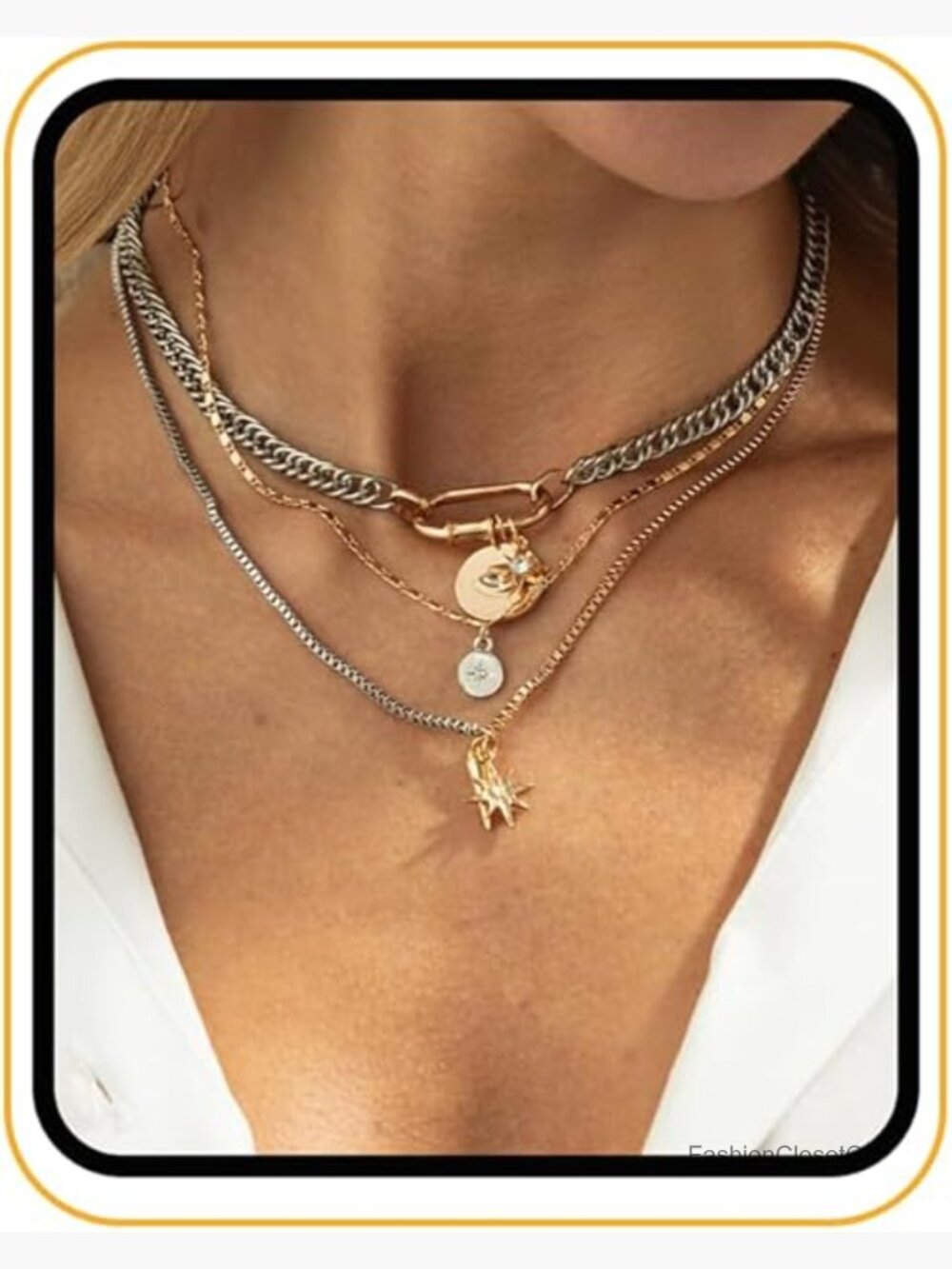 Mixed Metal Chunky Star & Evil Eye Layered Necklace - Picture 1 of 7